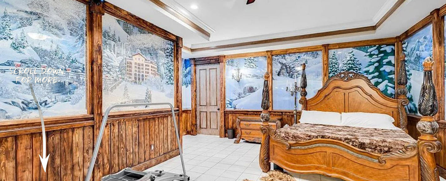 ski training themed bedroom with walls that snow