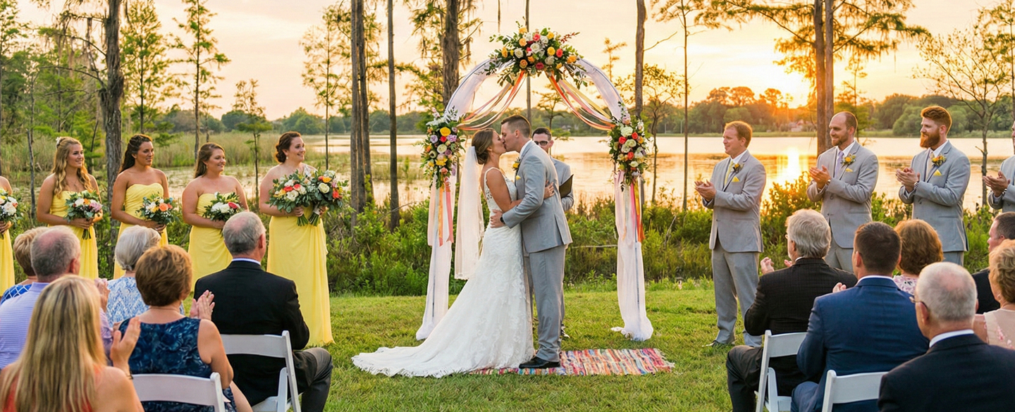 weddings by a lake at a big airbnb near orlando florida in the yard