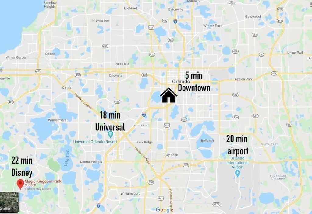 Location map with drive times to downtown Orlando, Universal and Disney