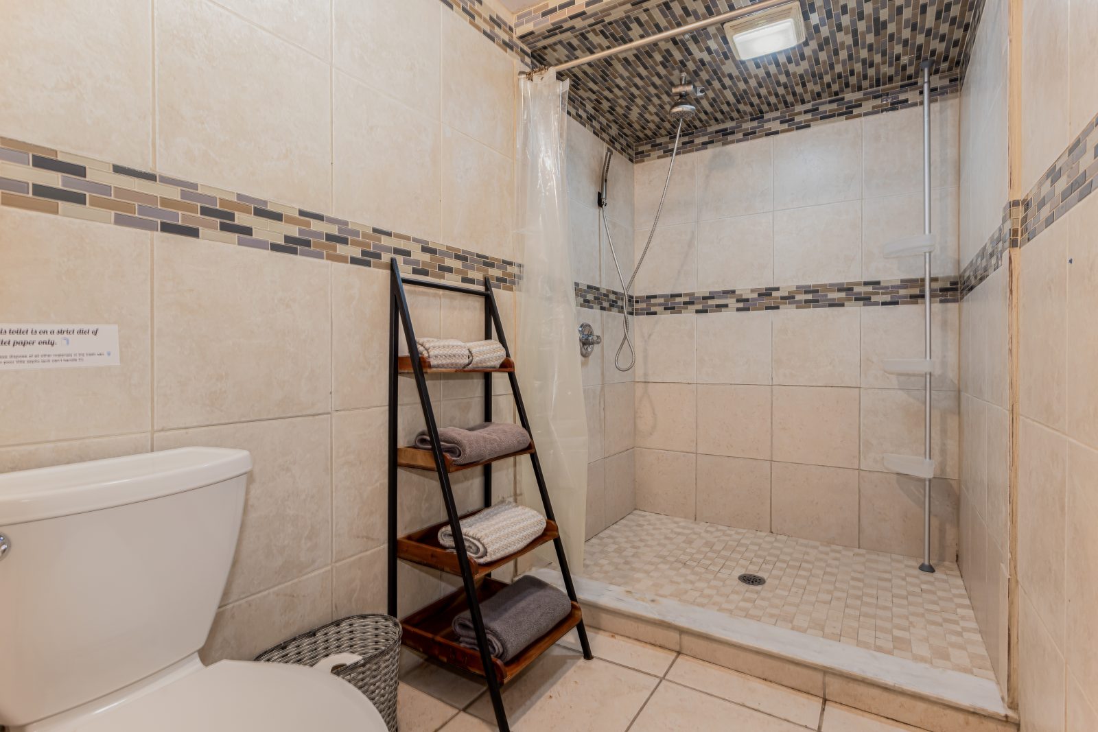 Tiled bathroom with walk-in shower and ladder towel rack