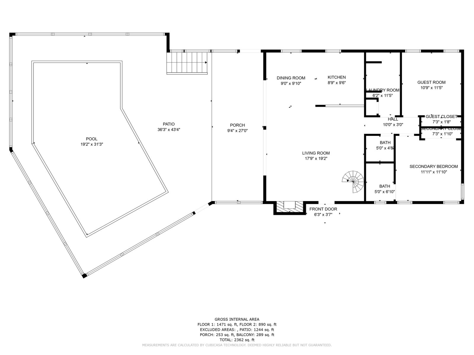 First-floor floor plan with pool, living room, kitchen and bedroom dimensions