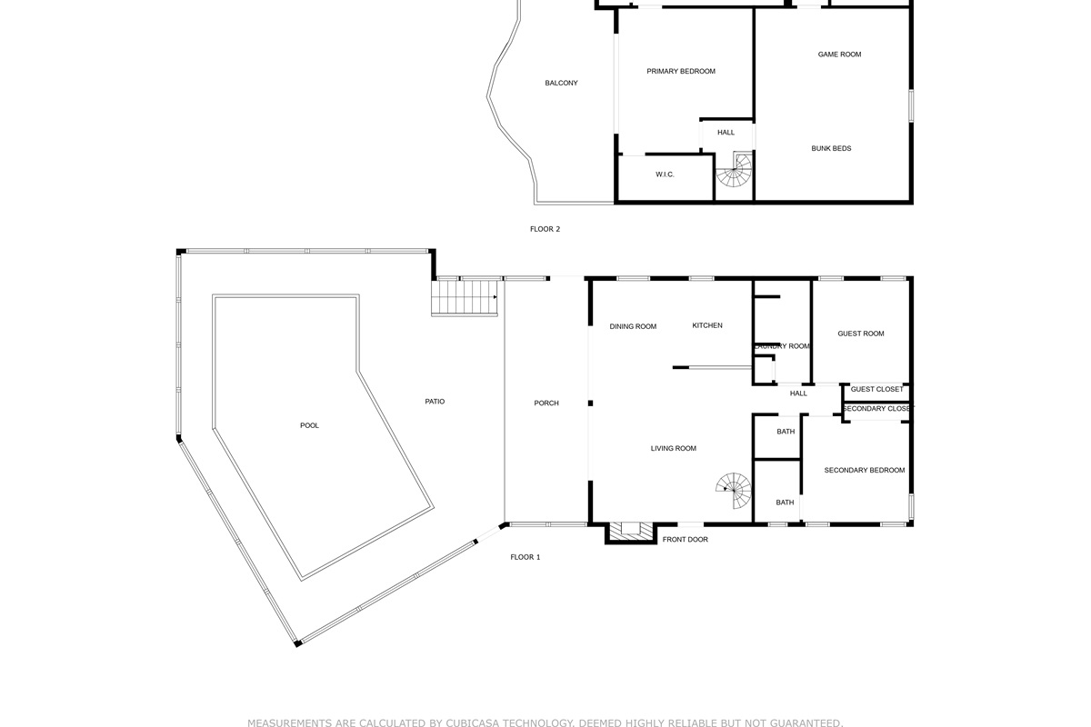 Two-floor floor plan showing pool, bedrooms and game room layout