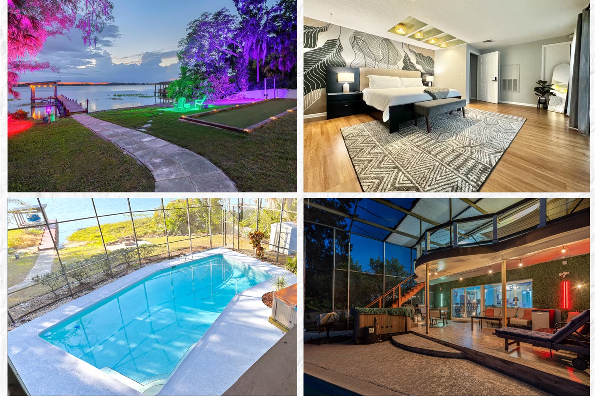 Collage of lakefront lawn, primary bedroom, screened pool and lanai