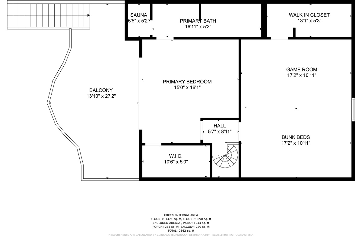 Upstairs: a king Masters suite, sauna, game and bunk rooms.