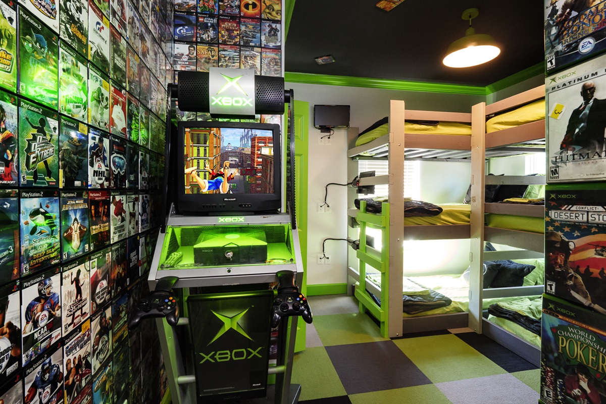 Bunks with gaming screens.