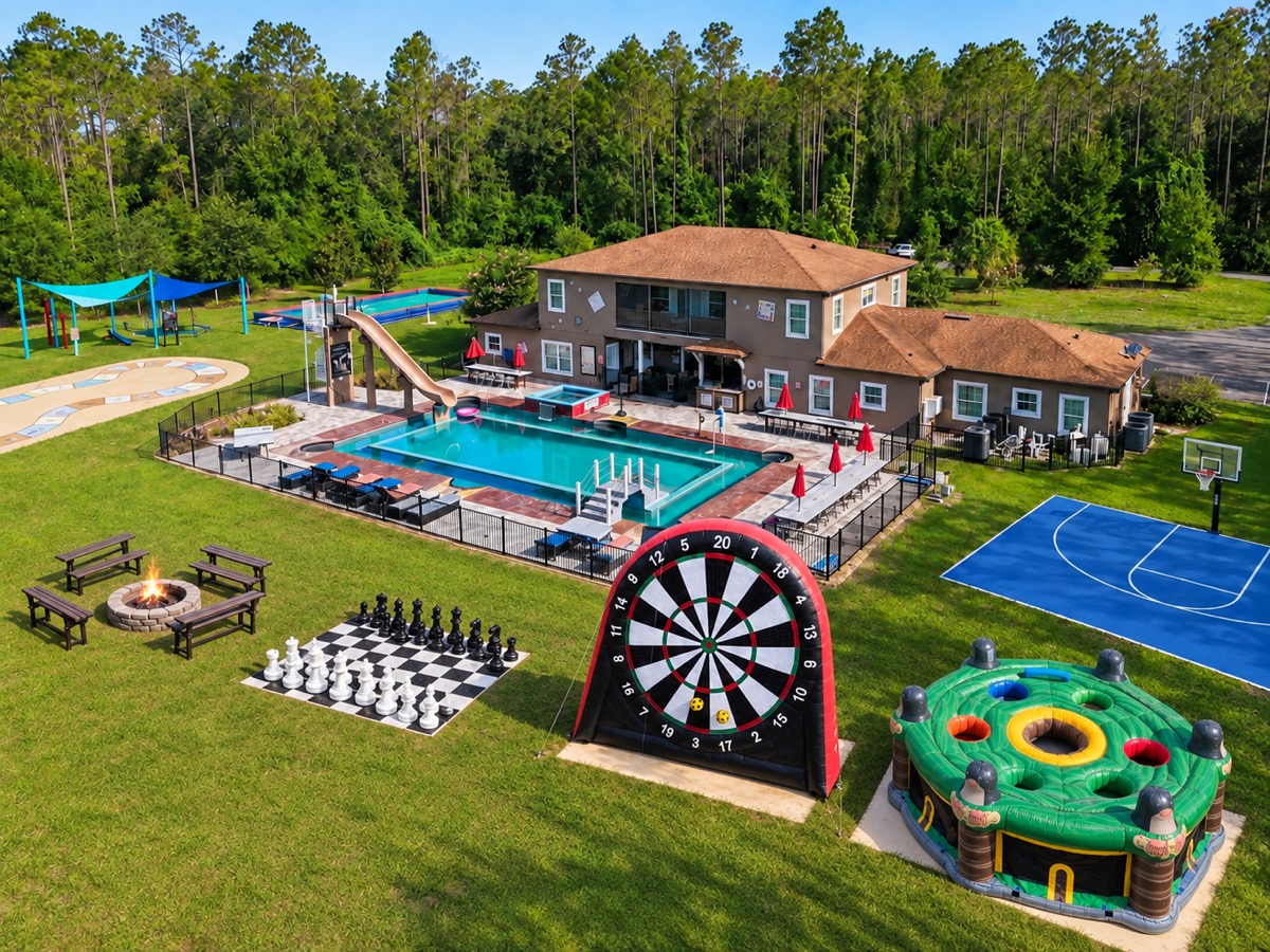 Estate aerial view showing total privacy on 10 acres.