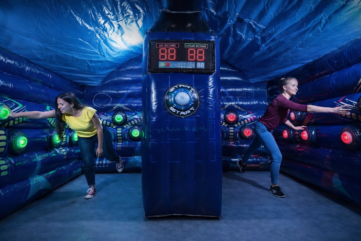 The inflatable disco light race, timed obstacle run.