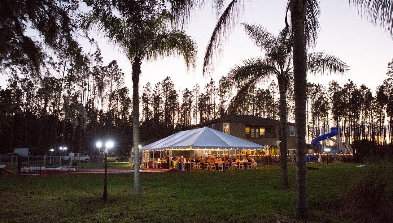 An evening event set up on the grounds.