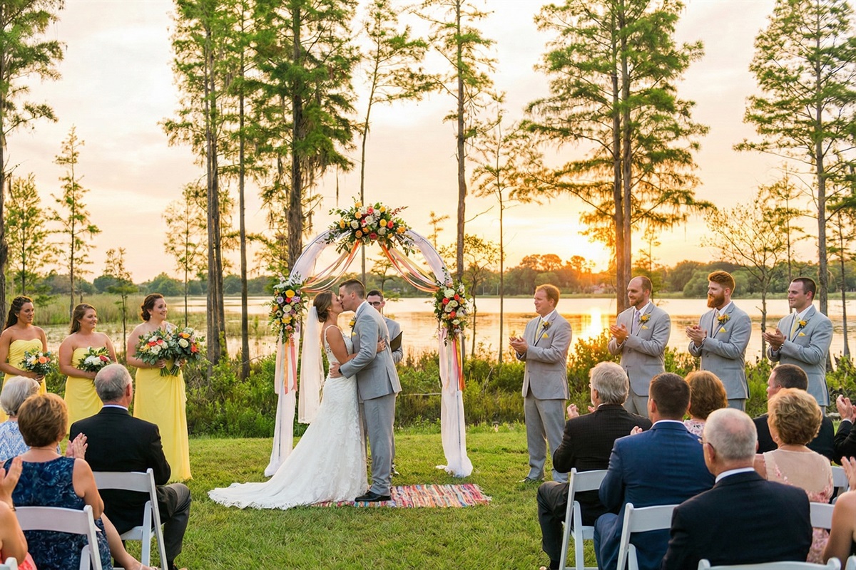 A wedding ceremony on the lakefront lawn.