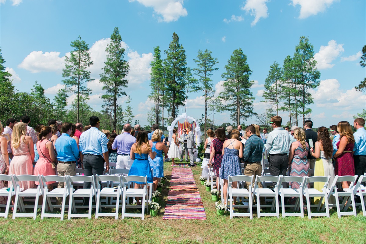 A wedding ceremony on the lawn.