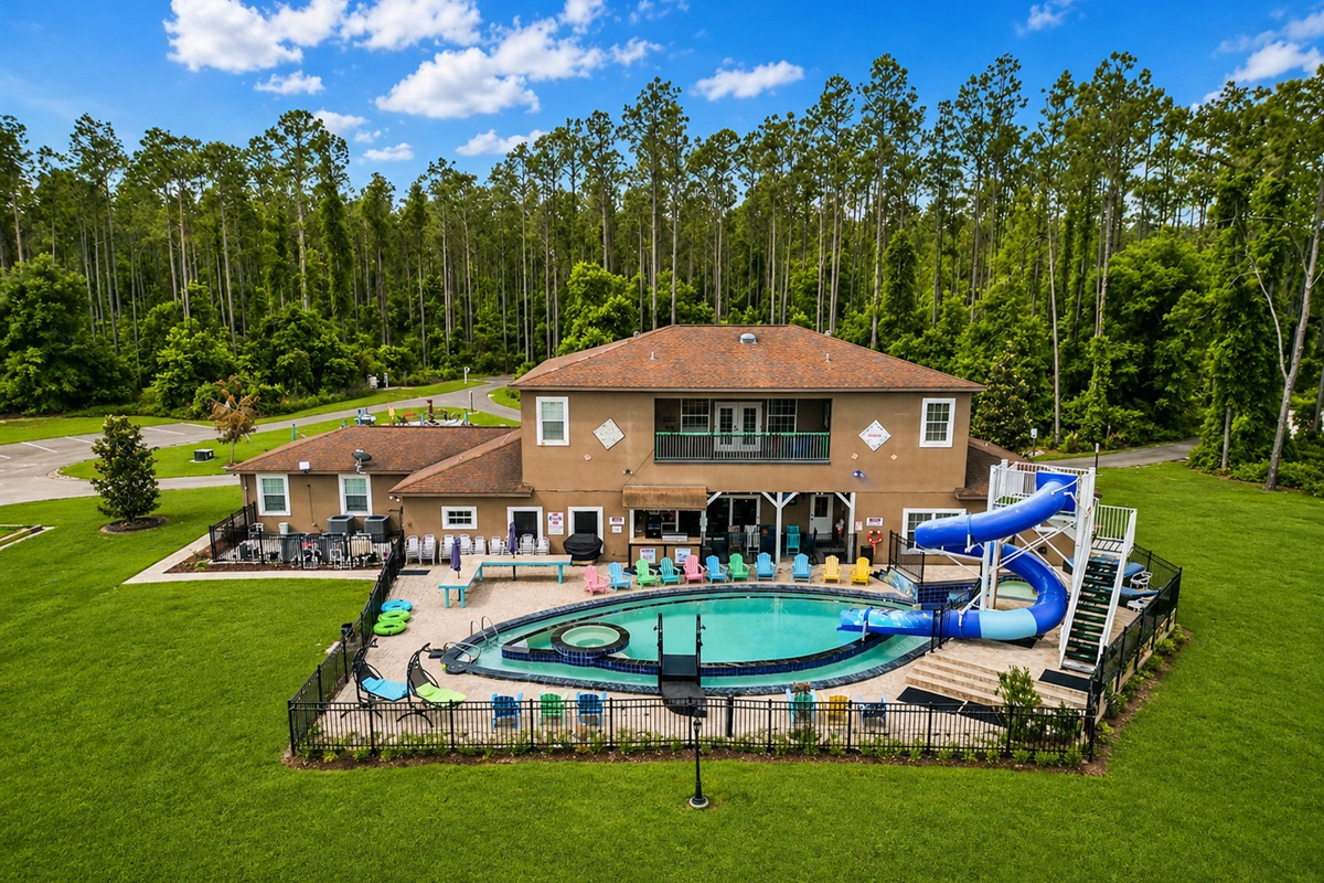 Aerial view of the pool and lazy river.