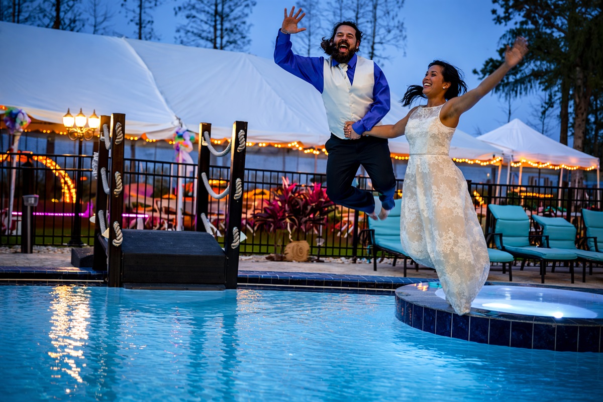 A wedding celebration by the pool.