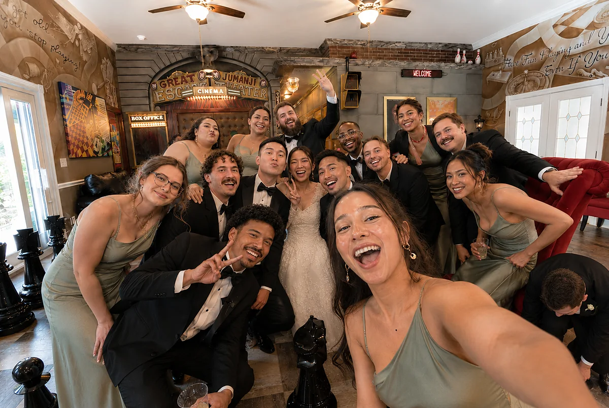 The whole wedding party, gathered close