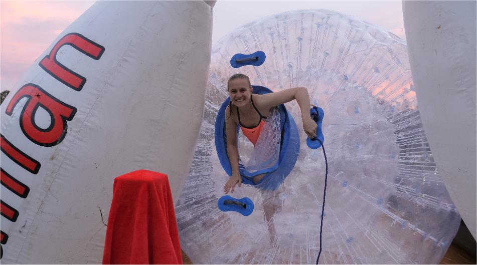 Inside the giant zorb bowling ball.