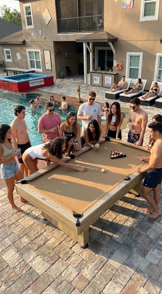 A game of pool at the poolside table.
