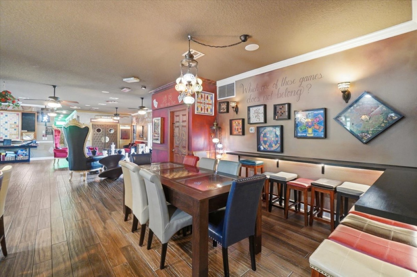 Board games built into the dining table.