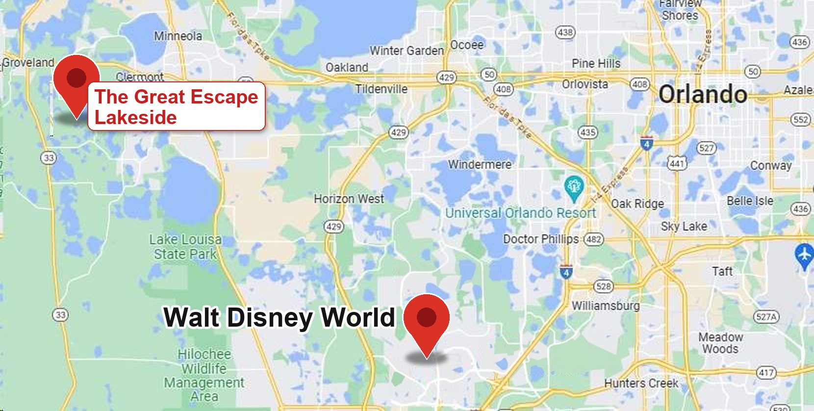 Map showing The Great Escape Lakeside near Clermont, west of Orlando and Walt Disney World