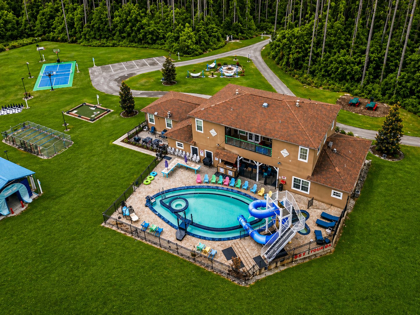 Aerial view of the estate and pickleball court.