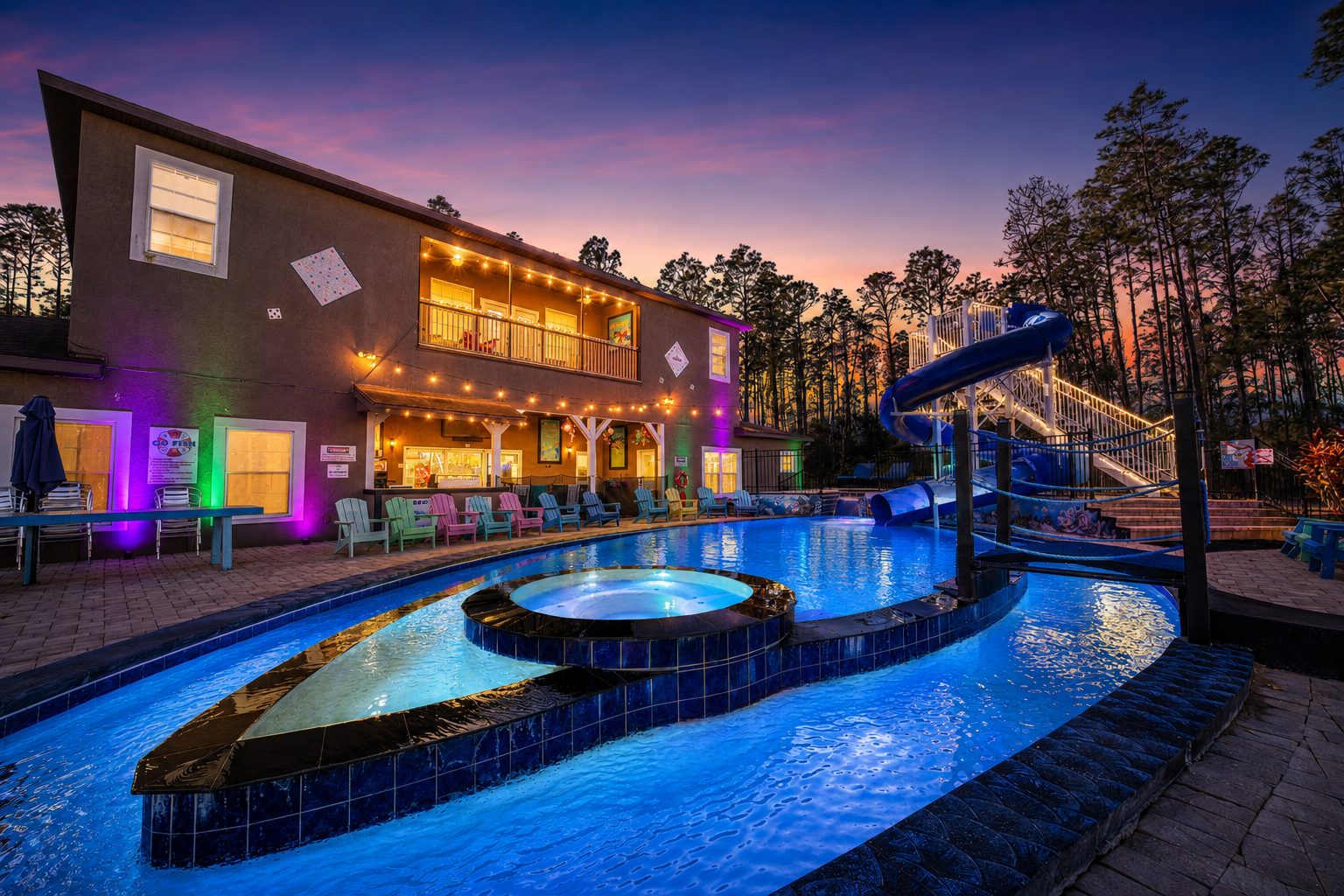 The pool lit up after dark.
