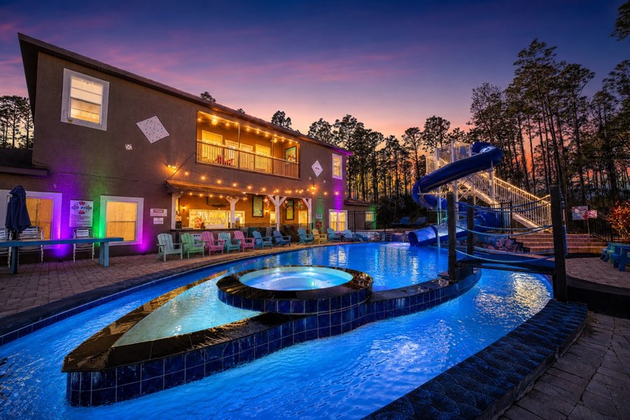 The pool lit up after dark