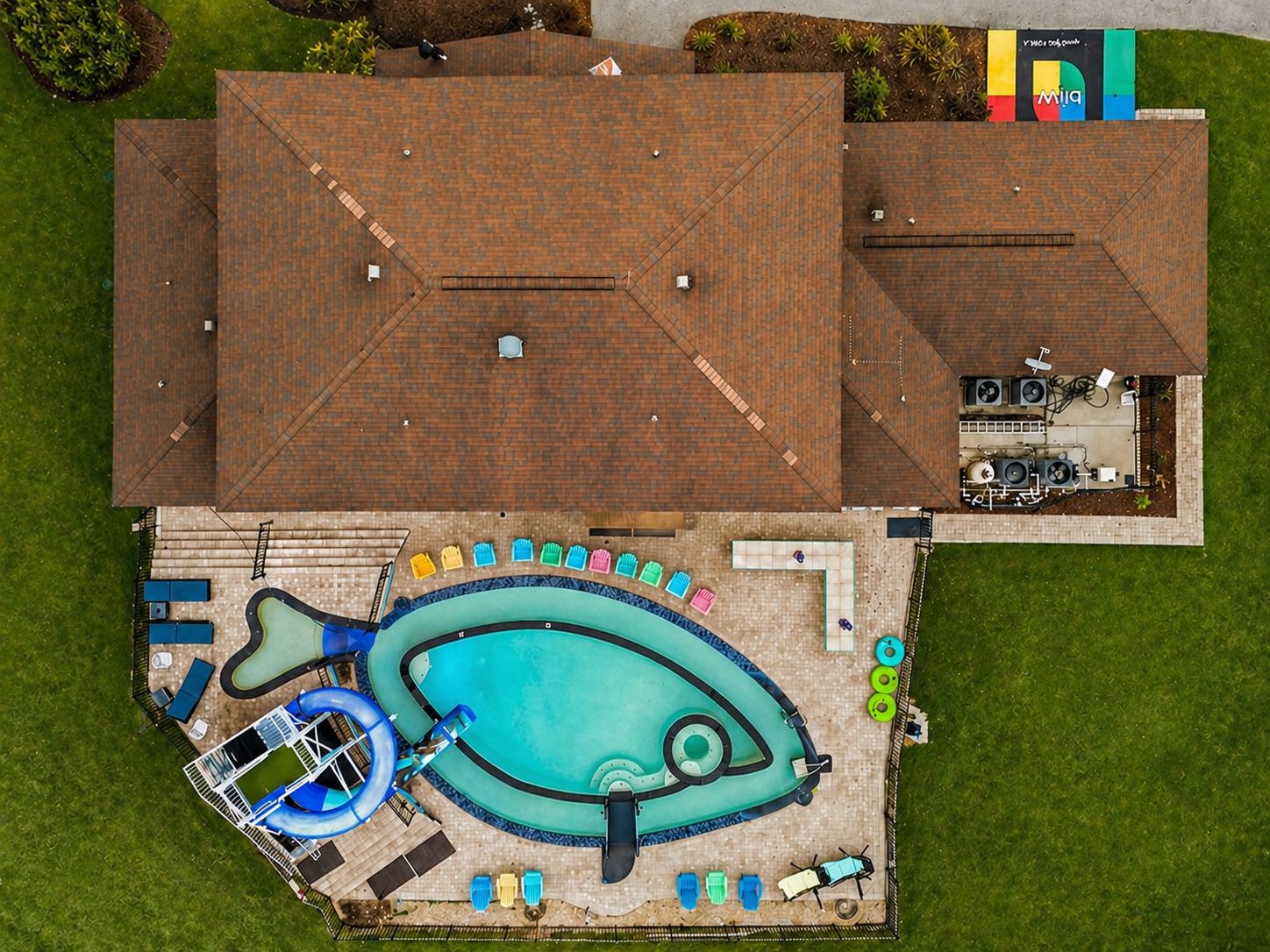 Aerial view of the fish-shaped pool and lazy river