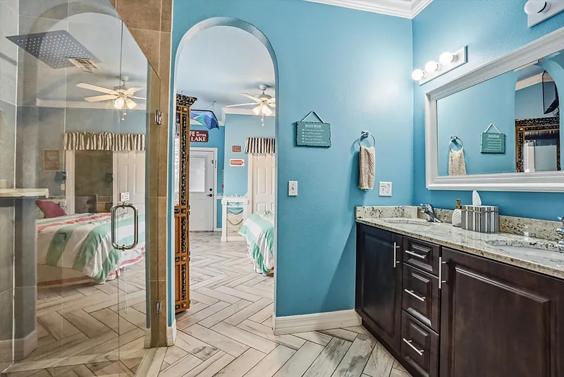 Carnival bathroom in the Carnival Games Waterfront Suite at The Great Escape Lakeside, Clermont FL