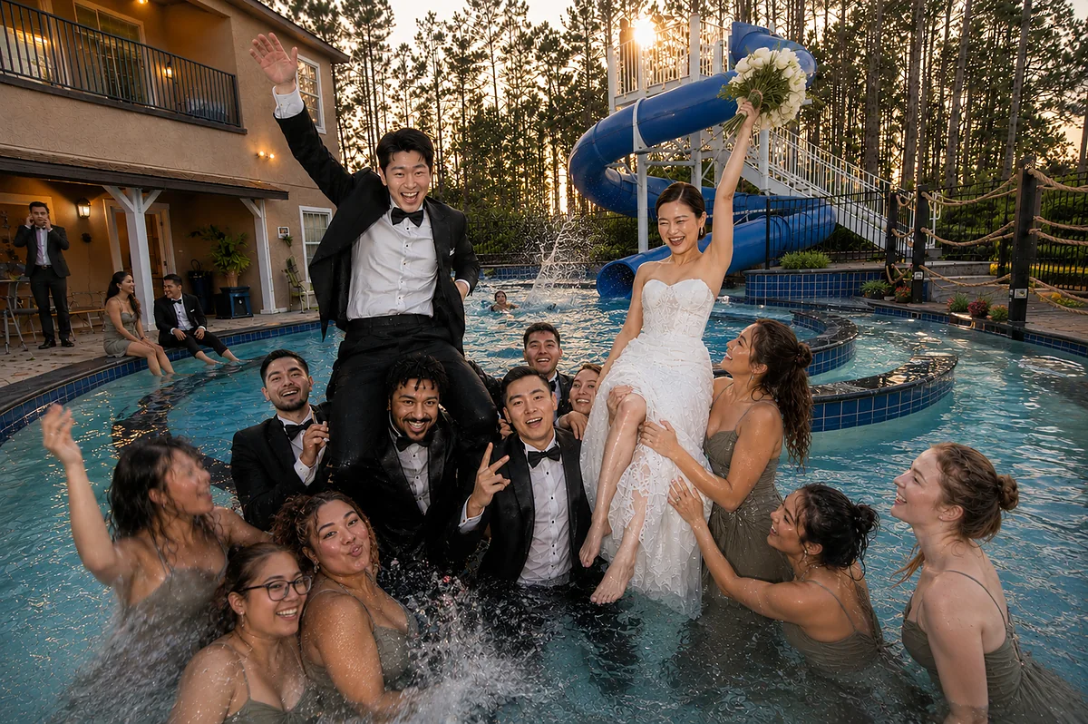 The wedding party in the pool at The Great Escape Lakeside
